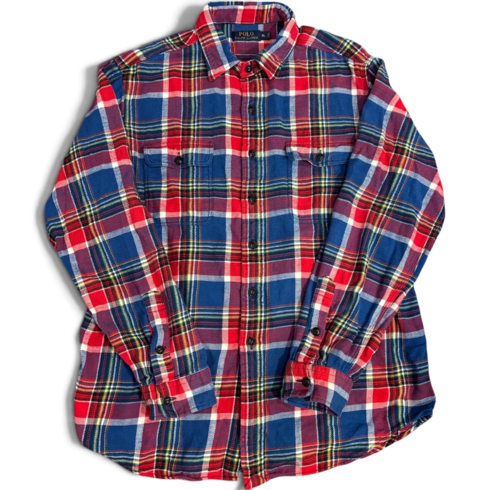 Polo Ralph Lauren Mens XL Plaid Flannel Button Down Shirt Red Blue Cotton